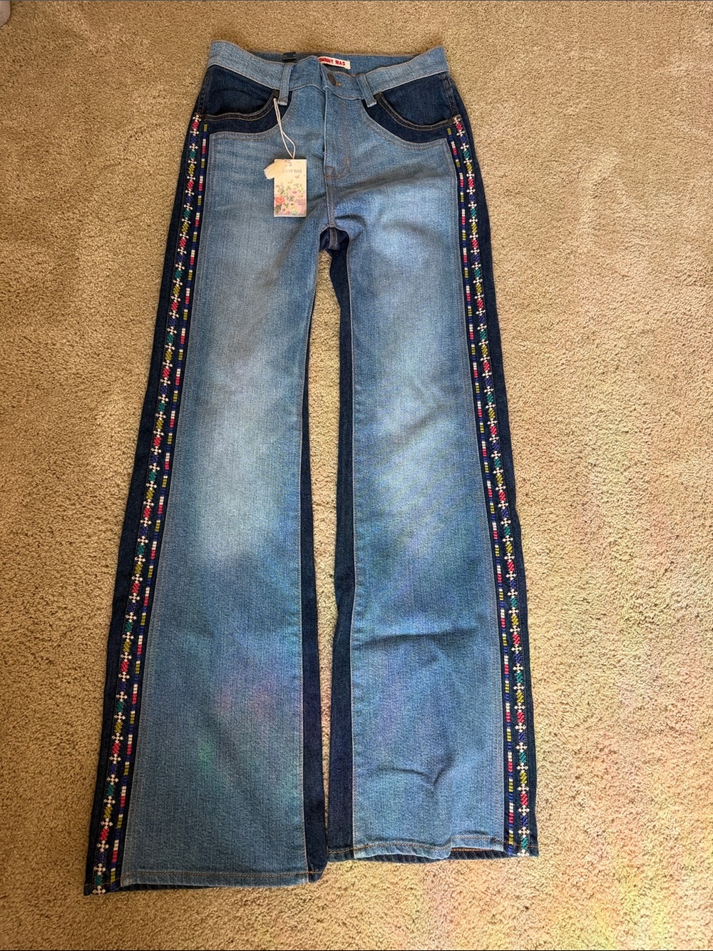Johnny Was Light Blue Wide-Leg Jeans with Multicolor Embroidered Side Trim